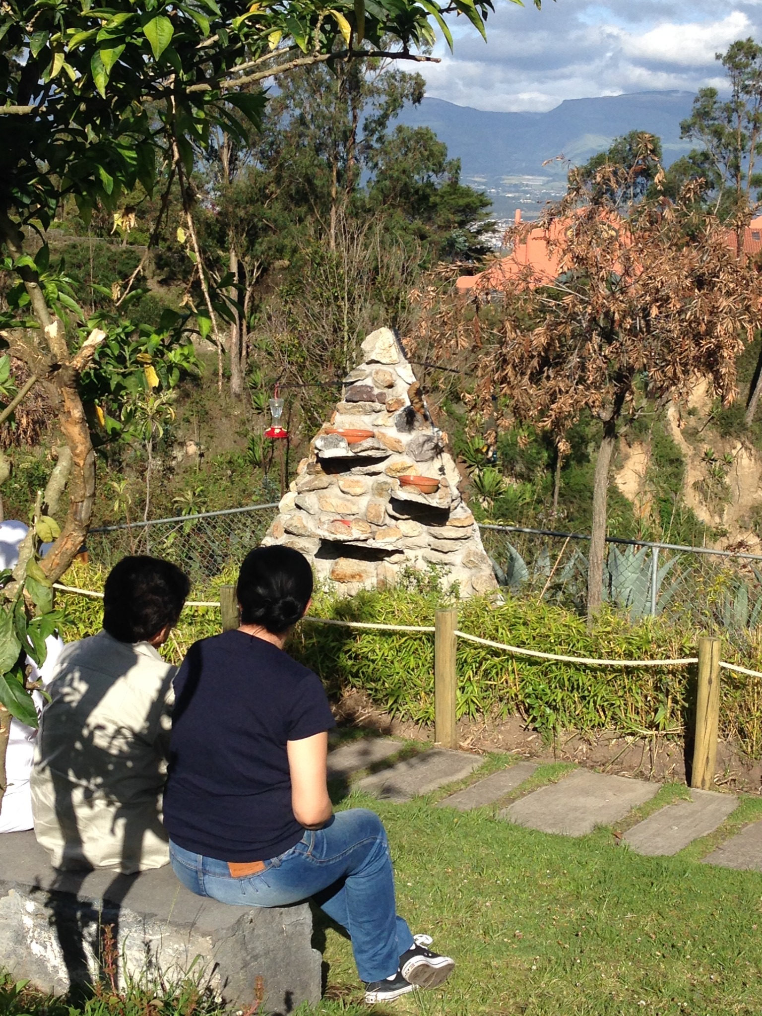 Personas observan un espacio para aves en un jardín